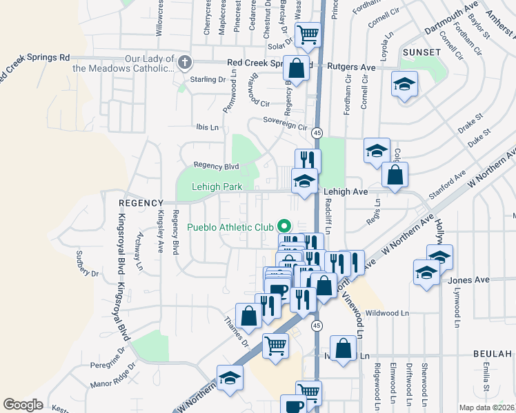 map of restaurants, bars, coffee shops, grocery stores, and more near 32 Royal Crest Drive in Pueblo