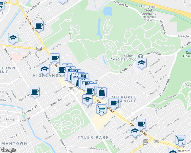 map of restaurants, bars, coffee shops, grocery stores, and more near in Louisville