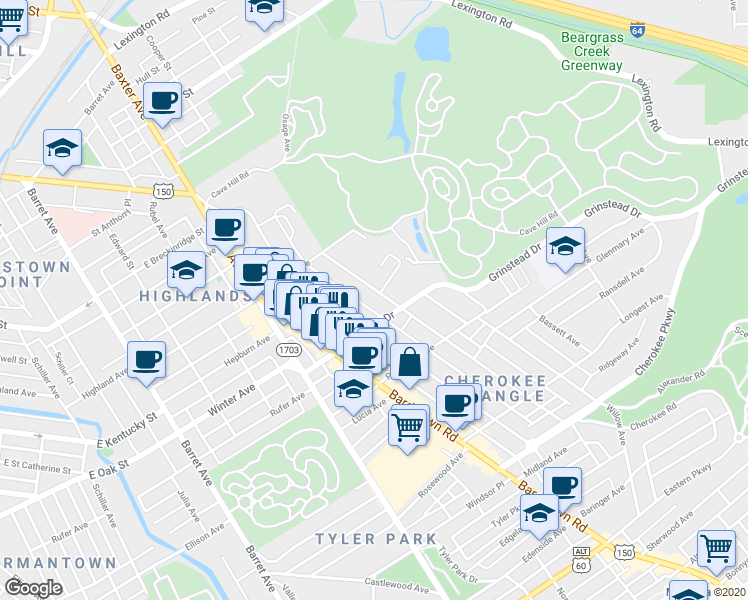map of restaurants, bars, coffee shops, grocery stores, and more near in Louisville