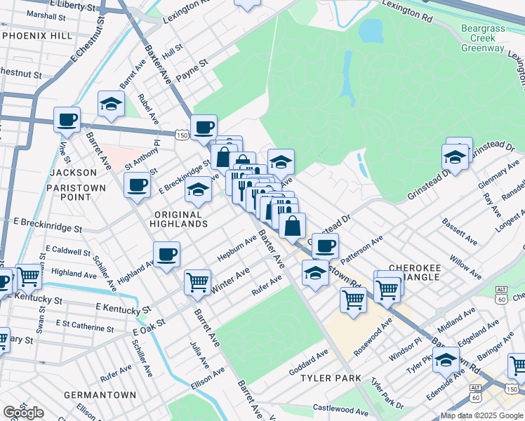 map of restaurants, bars, coffee shops, grocery stores, and more near 1004 Bardstown Road in Louisville