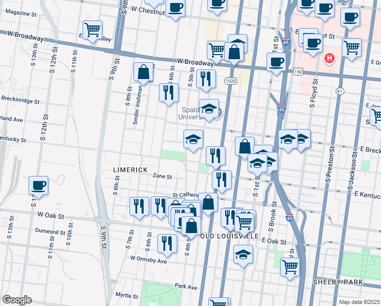 map of restaurants, bars, coffee shops, grocery stores, and more near 1000 South 5th Street in Louisville