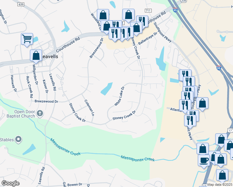 map of restaurants, bars, coffee shops, grocery stores, and more near 2 Victoria Court in Fredericksburg