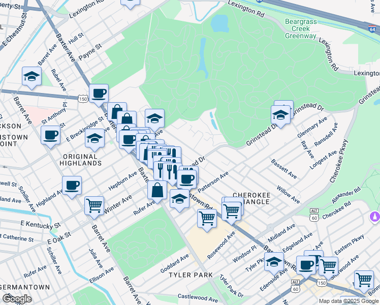 map of restaurants, bars, coffee shops, grocery stores, and more near 2211 Dearing Court in Louisville