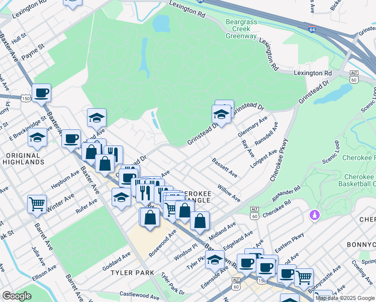 map of restaurants, bars, coffee shops, grocery stores, and more near 2316 Grinstead Drive in Louisville