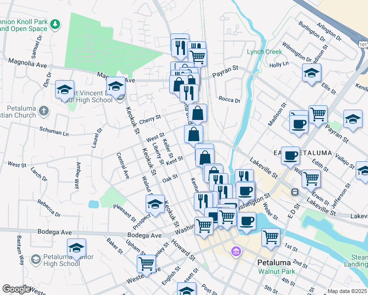 map of restaurants, bars, coffee shops, grocery stores, and more near 611 Petaluma Boulevard North in Petaluma