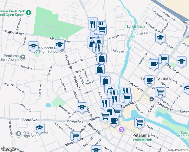 map of restaurants, bars, coffee shops, grocery stores, and more near 611 Petaluma Boulevard North in Petaluma