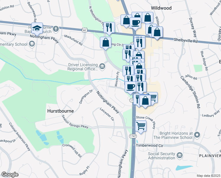 map of restaurants, bars, coffee shops, grocery stores, and more near 9401 Williamsburg Plaza in Louisville