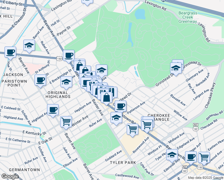 map of restaurants, bars, coffee shops, grocery stores, and more near 1028 Everett Avenue in Louisville