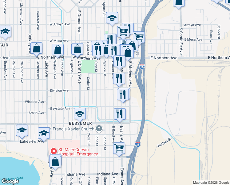 map of restaurants, bars, coffee shops, grocery stores, and more near 1434 East Routt Avenue in Pueblo