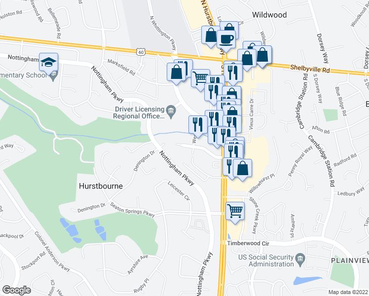 map of restaurants, bars, coffee shops, grocery stores, and more near 9401 Williamsburg Plaza in Louisville