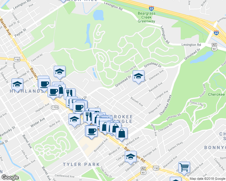 map of restaurants, bars, coffee shops, grocery stores, and more near 2316 Grinstead Drive in Louisville