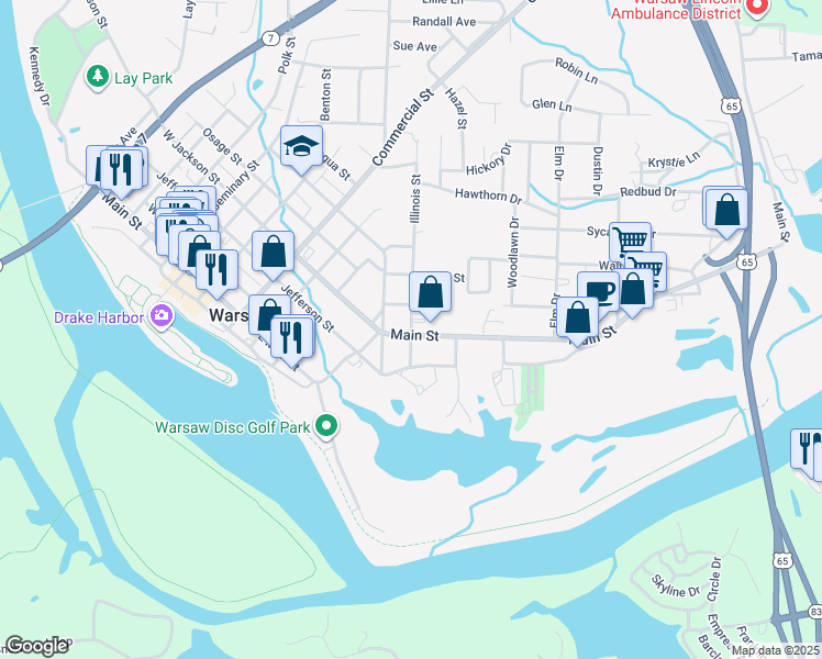 map of restaurants, bars, coffee shops, grocery stores, and more near 617 Illinois Street in Warsaw