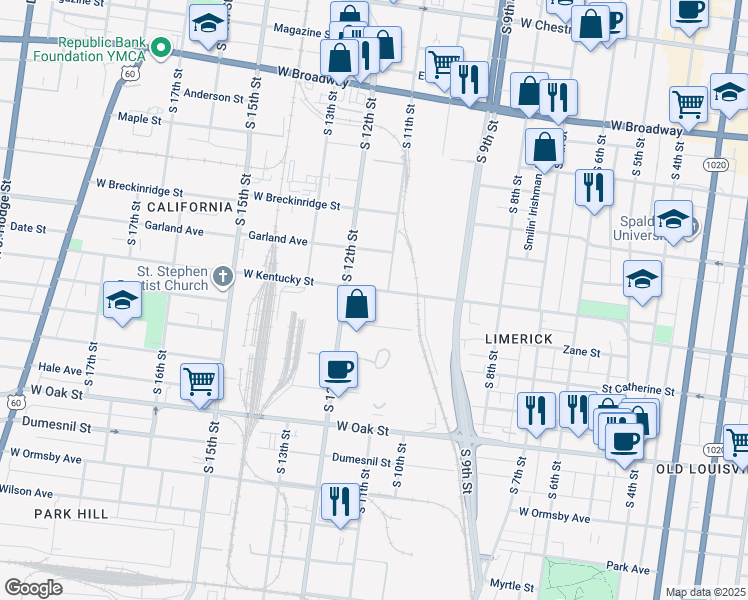 map of restaurants, bars, coffee shops, grocery stores, and more near 1110 West Kentucky Street in Louisville