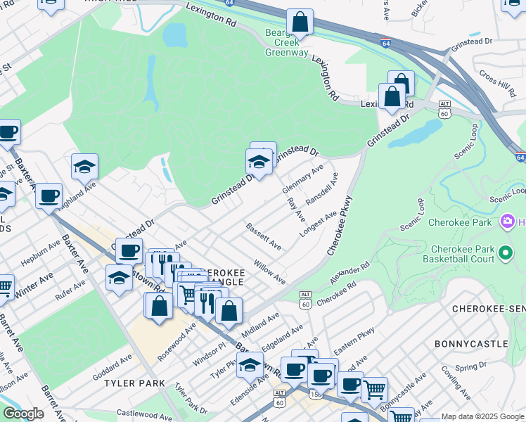 map of restaurants, bars, coffee shops, grocery stores, and more near 2424 Glenmary Avenue in Louisville