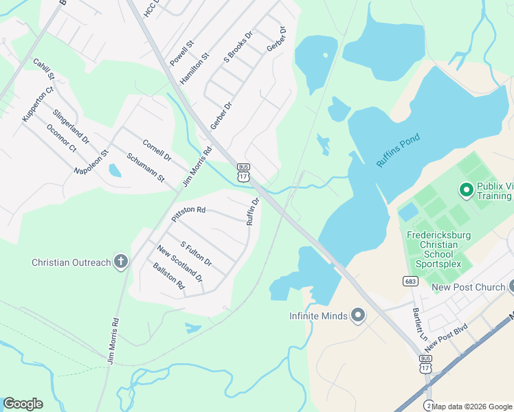 map of restaurants, bars, coffee shops, grocery stores, and more near 2402 Ruffin Drive in Fredericksburg