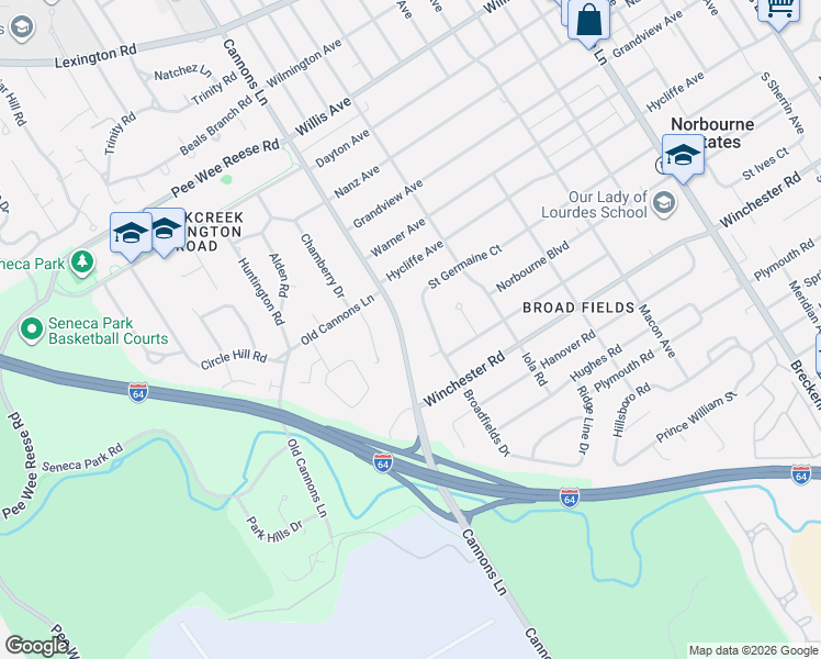 map of restaurants, bars, coffee shops, grocery stores, and more near 904 Broadfields Drive in Louisville