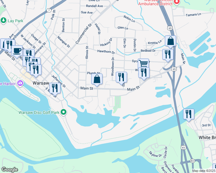 map of restaurants, bars, coffee shops, grocery stores, and more near N Wood St in Warsaw