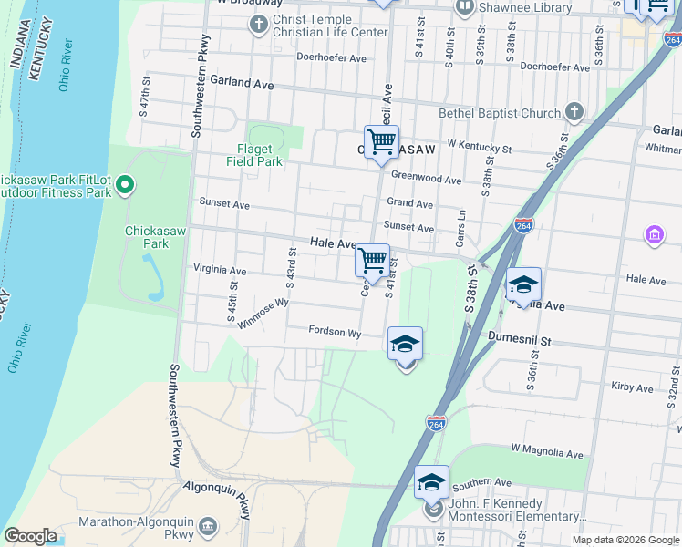 map of restaurants, bars, coffee shops, grocery stores, and more near 1126 Cecil Avenue in Louisville