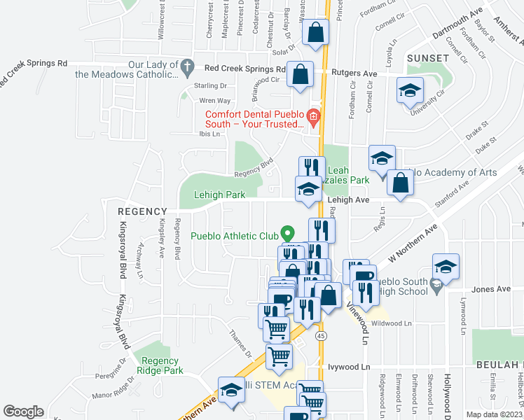 map of restaurants, bars, coffee shops, grocery stores, and more near 7 Royal Crest Drive in Pueblo