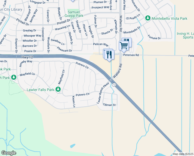 map of restaurants, bars, coffee shops, grocery stores, and more near 1305 Redinger Court in Suisun City