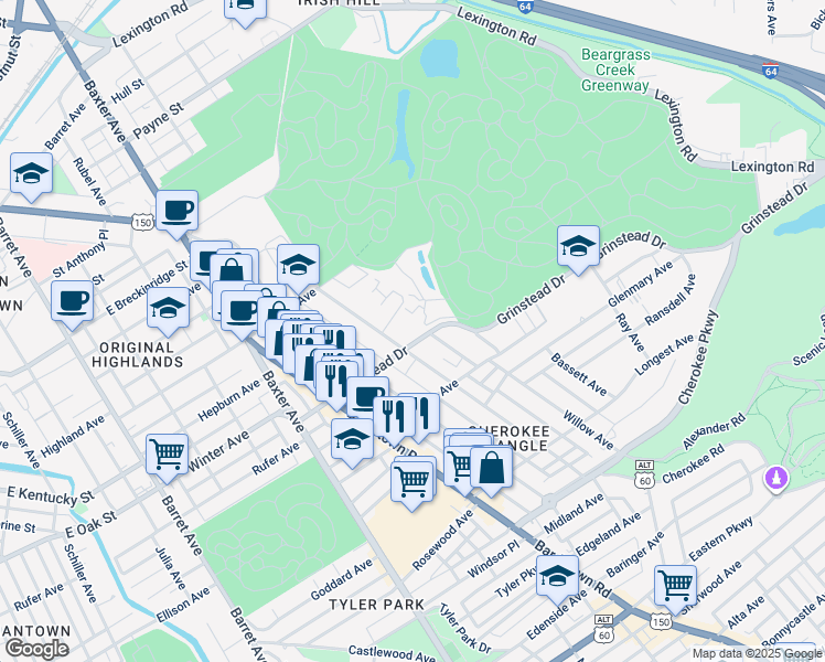 map of restaurants, bars, coffee shops, grocery stores, and more near 2225 Grinstead Drive in Louisville