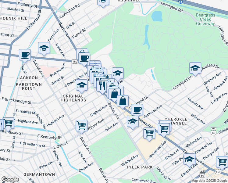 map of restaurants, bars, coffee shops, grocery stores, and more near in Louisville