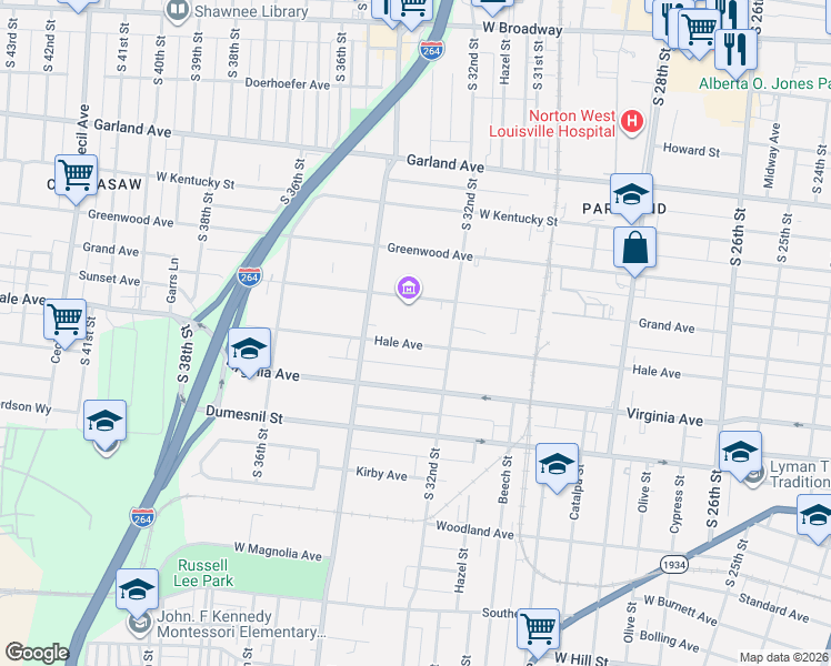 map of restaurants, bars, coffee shops, grocery stores, and more near 3218 Grand Avenue in Louisville