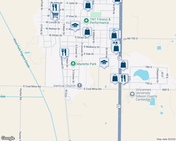 map of restaurants, bars, coffee shops, grocery stores, and more near 7849/7855 Andee Lane in Fort Branch