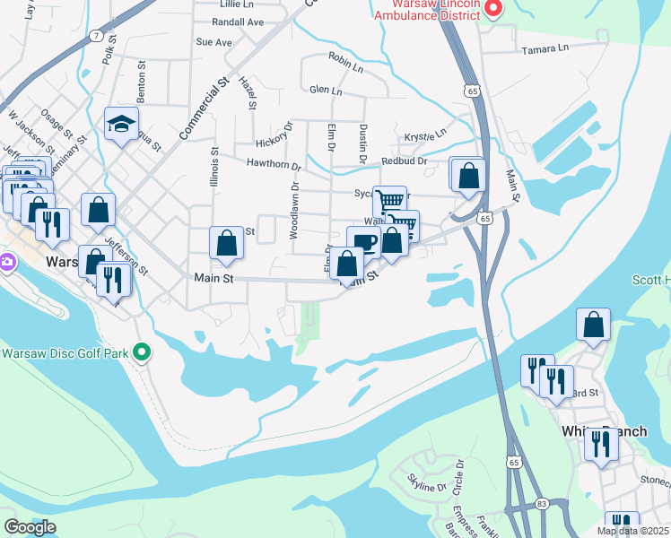 map of restaurants, bars, coffee shops, grocery stores, and more near 900 Main Street in Warsaw