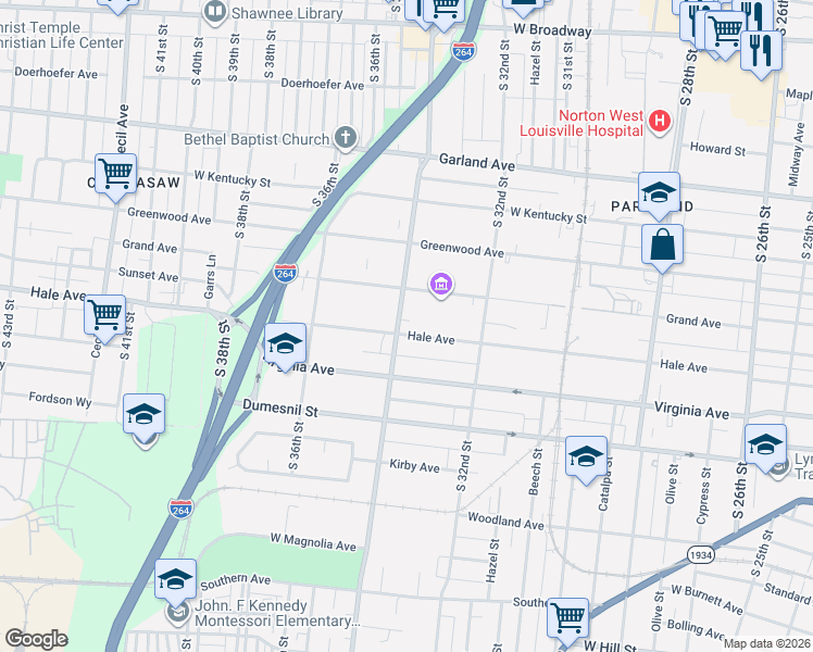 map of restaurants, bars, coffee shops, grocery stores, and more near 12 Grand Avenue Court in Louisville