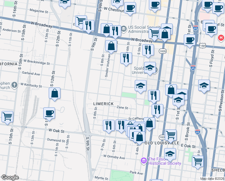map of restaurants, bars, coffee shops, grocery stores, and more near 943 South 7th Street in Louisville