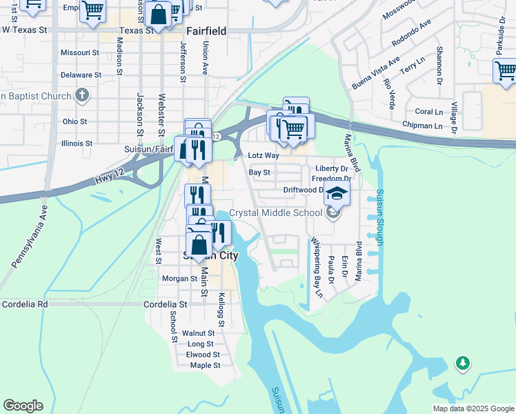map of restaurants, bars, coffee shops, grocery stores, and more near 706 Almond Street in Suisun City