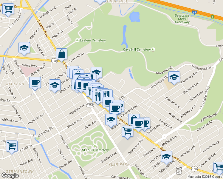 map of restaurants, bars, coffee shops, grocery stores, and more near 1028 Everett Avenue in Louisville
