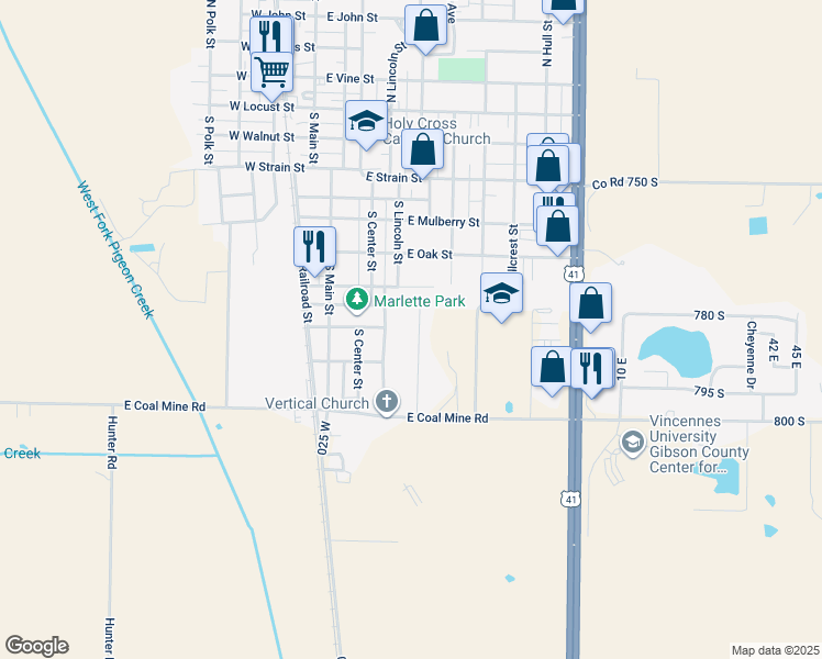 map of restaurants, bars, coffee shops, grocery stores, and more near 7849/7855 Andee Lane in Fort Branch