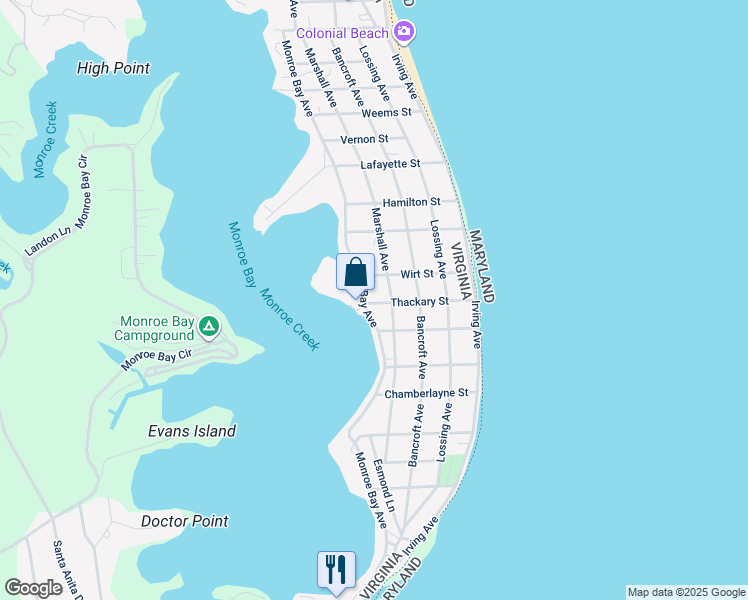 map of restaurants, bars, coffee shops, grocery stores, and more near 800-898 Monroe Bay Ave in Colonial Beach