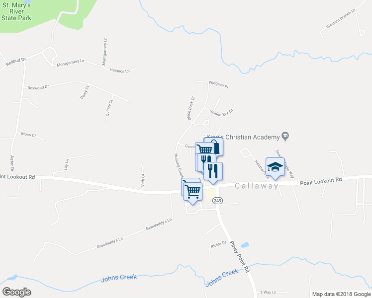 map of restaurants, bars, coffee shops, grocery stores, and more near 20865 Harlequin Lane in Callaway