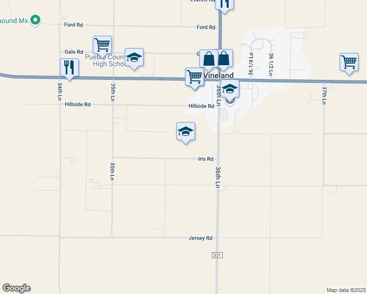 map of restaurants, bars, coffee shops, grocery stores, and more near 35777 Iris Road in Pueblo