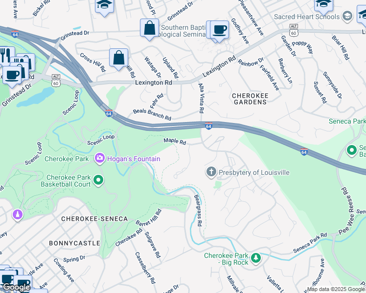 map of restaurants, bars, coffee shops, grocery stores, and more near 2778 Maple Road in Louisville