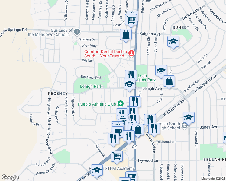 map of restaurants, bars, coffee shops, grocery stores, and more near 61 Sovereign Circle in Pueblo