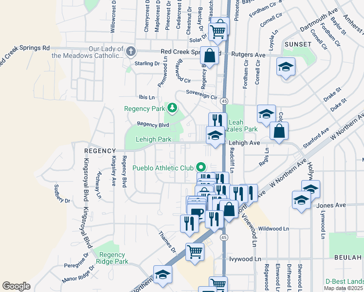 map of restaurants, bars, coffee shops, grocery stores, and more near 61 Sovereign Circle in Pueblo