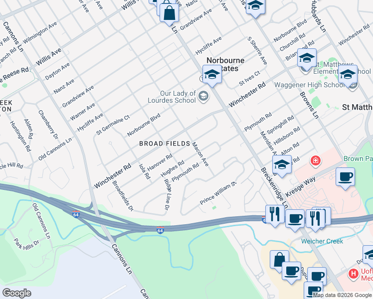 map of restaurants, bars, coffee shops, grocery stores, and more near in Broad Fields