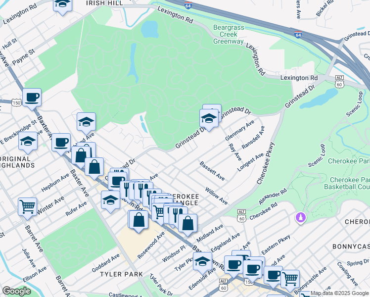 map of restaurants, bars, coffee shops, grocery stores, and more near 1018 Grinstead Court in Louisville