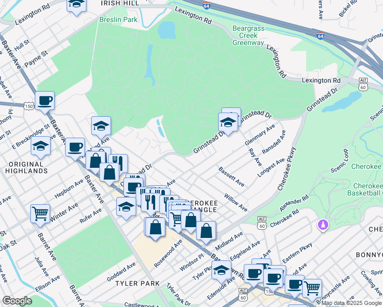 map of restaurants, bars, coffee shops, grocery stores, and more near 2316 Grinstead Drive in Louisville