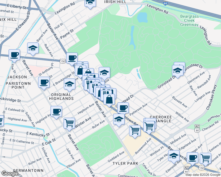 map of restaurants, bars, coffee shops, grocery stores, and more near 1015 Cherokee Road in Louisville