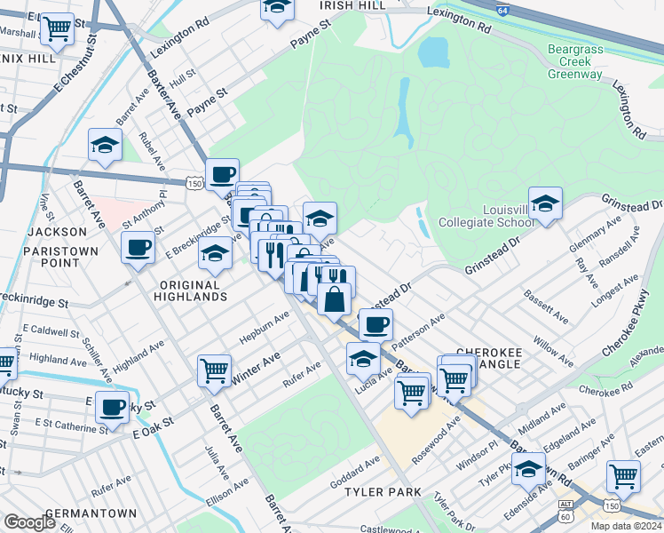 map of restaurants, bars, coffee shops, grocery stores, and more near 1015 Cherokee Road in Louisville
