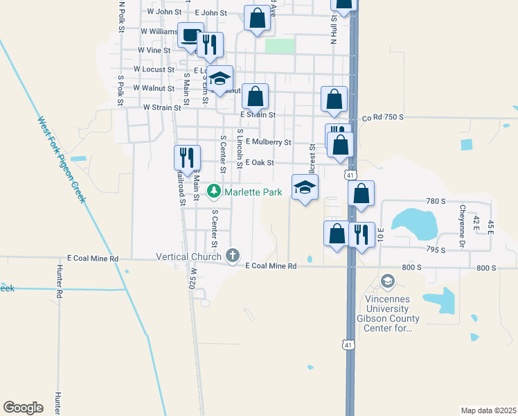 map of restaurants, bars, coffee shops, grocery stores, and more near 7849/7855 Andee Lane in Fort Branch