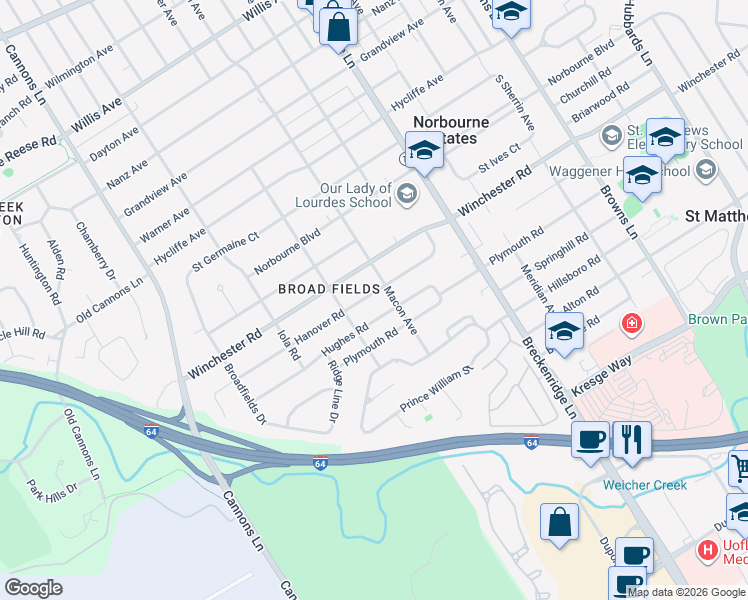 map of restaurants, bars, coffee shops, grocery stores, and more near in Broad Fields