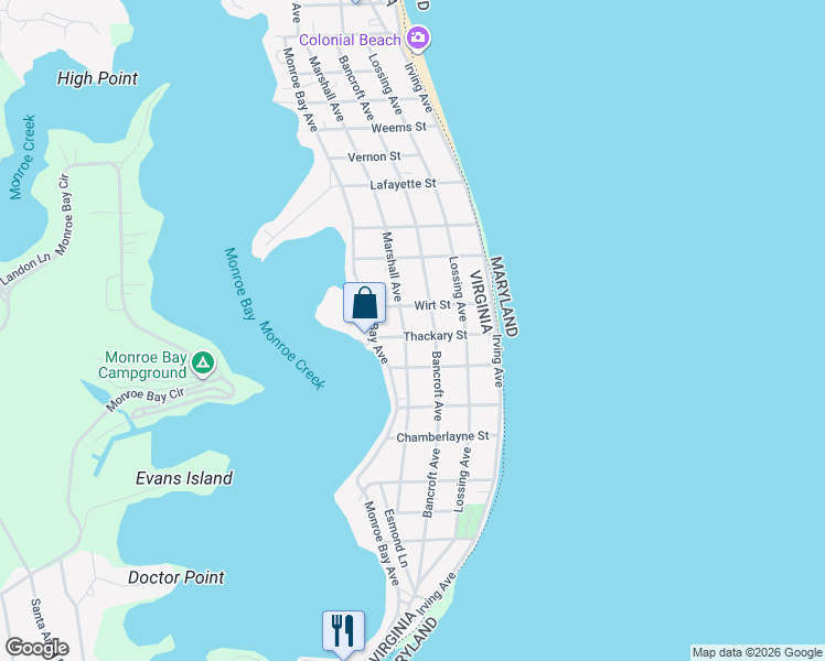 map of restaurants, bars, coffee shops, grocery stores, and more near 219 Thackary Street in Colonial Beach