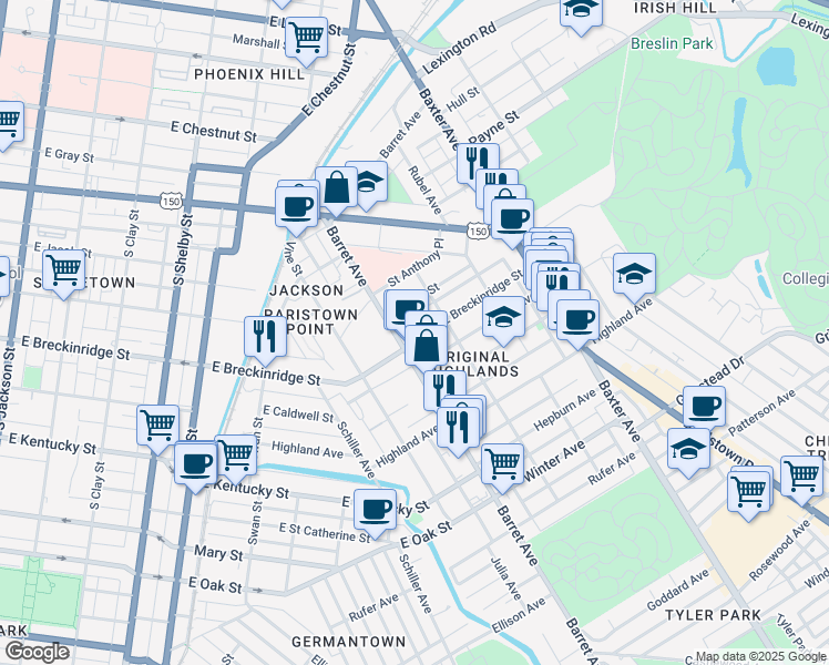map of restaurants, bars, coffee shops, grocery stores, and more near 1313 East Breckinridge Street in Louisville