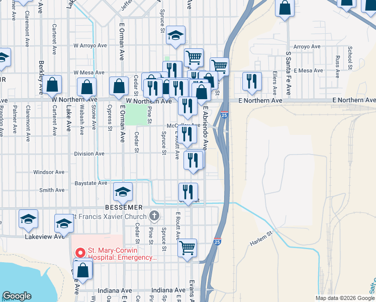 map of restaurants, bars, coffee shops, grocery stores, and more near 1501 East Evans Avenue in Pueblo